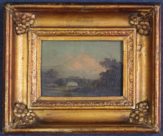 Early 19th century English School Cattle drover on a bridge, 4.25 x 6.5in.